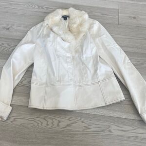 white furred neck jean material jacket